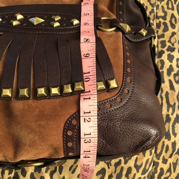 Micheal Kors size X- large brown suede bag brass studded leather fringe - Picture 11 of 16